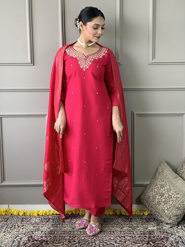 Image of Women's Viscose Chanderi Solid 3 /4 Sleeve Sweetheart Neck Embroidered Kurta, Pant and Dupatta-Dark-pink-JT-043