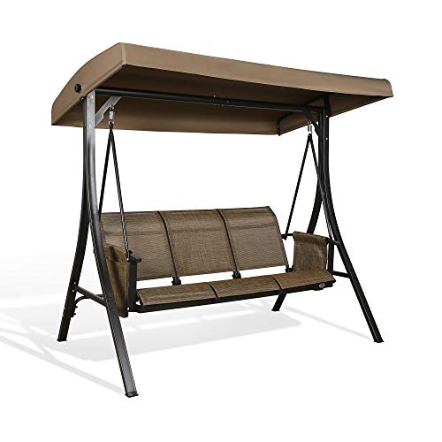 Patio 3-Seat Textilene Porch Hammock Outdoor Swing Glider with Stand and Adjustable Polyester Canopy (Brown)