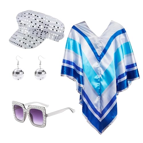 louuuou 70s Outfits For Women Halloween Costume 4pcs Set Fancy Dress Costumes For Women Disco Party Poncho Cape With Silver Glitter Hat Glasses Earrings Fancy Dress