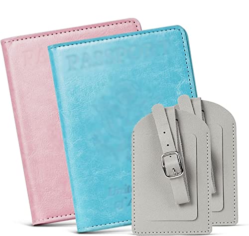 AUAUY Porte Passeport, Lot de 2 PU Pochette Passeport avec Blocage RFID, Protège Passeport avec Étiquettes de Bagages et Organiseur de Documents de Voyage pour Femmes et Hommes (Bleu + Rose) Cover