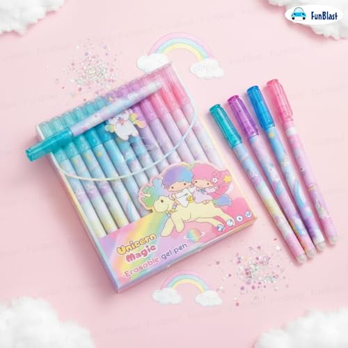 Image of FunBlast Unicorn Erasable Gel Pens - Pack of 12 Pcs Pens 0.5mm, Erasable Pens with Magic Eraser, Smooth Writing Gel Pen, Stationery for School & Office - Blue Ink
