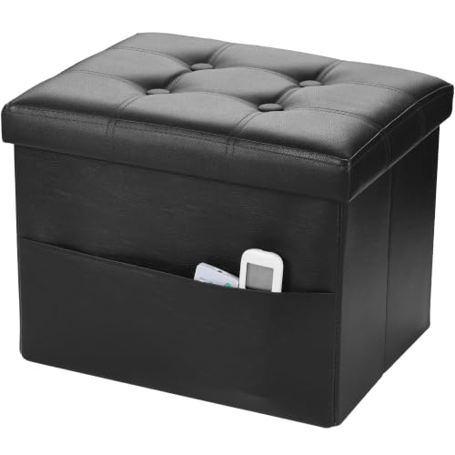 Image of Bsketa Storage Ottoman Bench,16 Inch Folding Leather Foot Rest Stool, Black | Small Ottoman with Side Pockets, Thicker Foam Padded Seat, Livingroom, Dorm, Bedroom, Easy to install, 38L,16x12x12in