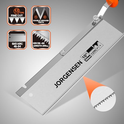 JORGENSEN 10\" Dovetail Reversible Saw, Professional Cutting Jamb Saw, 13TPI Double Ground Teeth Flush Cut Saw Spring Loaded Design Cranked Soft Handle, Shorten Door Frame, Tile Installation and Prep - Thumbnail 3
