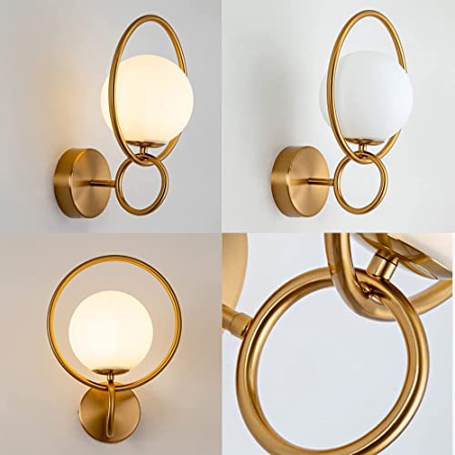 Image of WOKE Mid Century Sconces Lighting 1-Light Antique Golden Bathroom Vanity Light Round Glass Globe Wall Mount Lamp for Bedside Living Room Hallway Foyer (GoldColor & Without Bulb) 78945