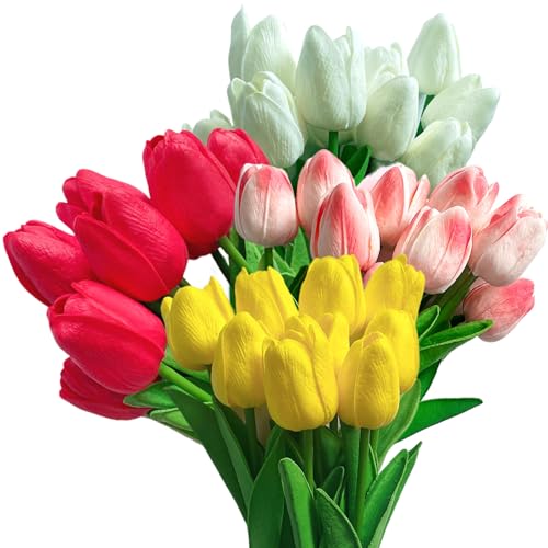 Tulipes en soie fleurs artificielles : lot de 24 tulipes réalistes de 31 cm en 4 couleurs - 2