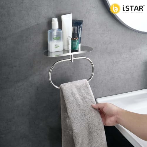 Image of Bathroom Towel Ring with Shelf, 304 Stainless Steel Towel Holder for Bathroom Wall Mount, Self Adhesive or Drill Installation, Rustproof Hand Towel Ring (Chrome)