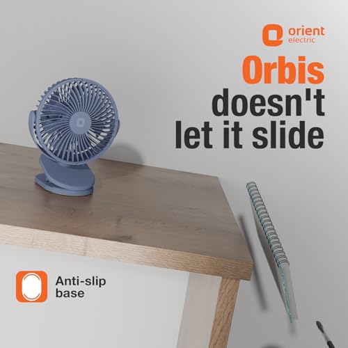 Image of Orient Electric Orbis Rechargeable Personal Fan | 360 Rotation | 1800 mAh Battery | 4 Speed Modes with Timer | Quiet Operation | USB Type-C Charging | Clip-On Mini Fan | Dusk Blue
