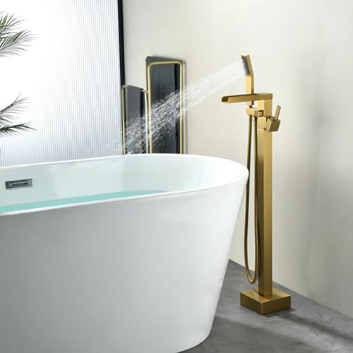 Robinet baignoire sur pied cascade laiton brossé doré avec fixation sol stable - 8