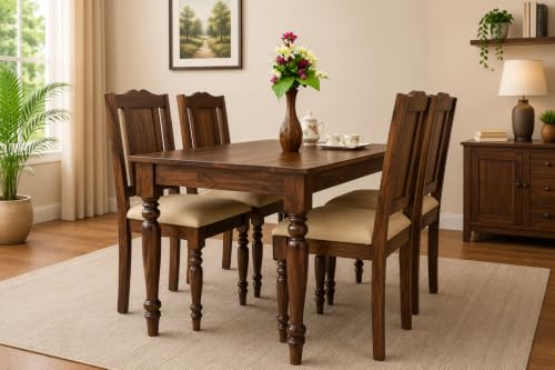 Image of 4 Seater Wooden Dining Table Set | Table Size 51 x 33 x 29 Inches | Chair Size 18 x 18 x 39 Inches | Dining Room Furniture Set with 4 Chairs | Sturdy Construction (Walnut Finish)