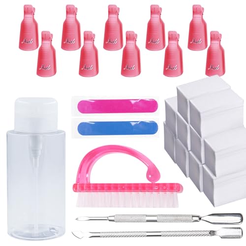 Nail Polish Remover Tools Kit with 10 Plastic Nail Clip 100 ml Nail Polish Remover Bottle 540 PCS Cotton Pads Nail Brush and Cuticle Pusher