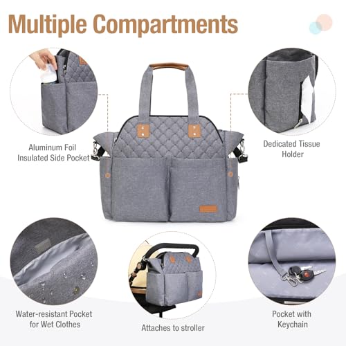 Lekebaby Baby Wickeltasche mit Wickelunterlage, 19 Taschen, Diaper Bag Bote Groß Reisewindeltasche für Mama und Papa, Multifunktions Babytasche für Reise, Grau Gesteppt