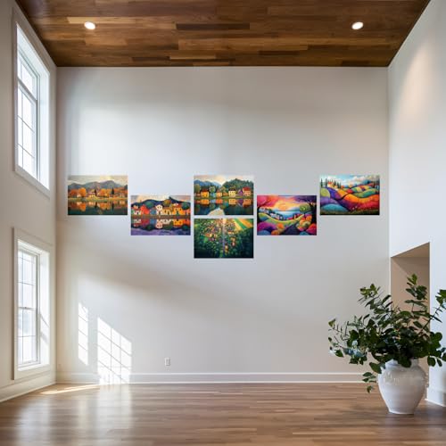 Image of SiddArtify Landscape Wall Art Poster Print Set - Colorful Village Poster Decor for Living Room Bedroom - 12x18 inch Sticker Pack of 6