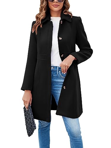 Fisoew Womens Elegant Single Breasted Coat Long Sleeve Mid Winter Overcoat Work Office Pea Coats