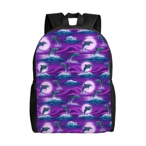 Durable Multipurpose Rucksack Backpack for Men and Women, Perfect for Hiking, Running, Camping (Moon Dolphins Under Purple Moonlight)