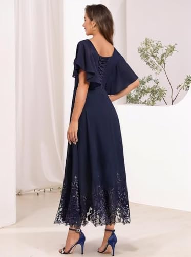Tea Length V Neck Mother of The Bride Dresses with Sleeves for Women Lace Applique Formal Evening Gowns2