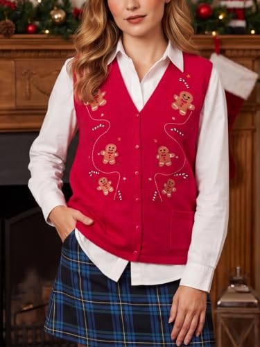 Image of KMBANGI Women Christmas Button Sweater Vest Embroidery Sleeveless Cardigan