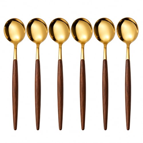 Kit 6 Colheres para Servir Dourado Cabo Madeira Acácia em Aço Inox