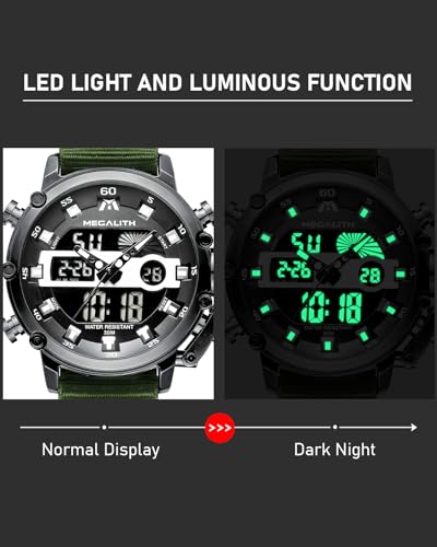 Quarta immagine MEGALITH Digitale Orologio Uomo Militare: Sportivo Impermeabile Orologi da Polso Cronometro Allarme - Cinturino in Nylon Verde per la Corsa all'aperto