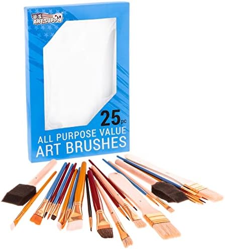 U.S. Art Supply 25-Piece All-Purpose Artist Paint Brush Set - Round, Flat, Foam Paintbrushes, Use with Acrylic, Oil, Watercolor for Painting Portraits, Canvas, Paper, Wood - Kids, Students, Adults