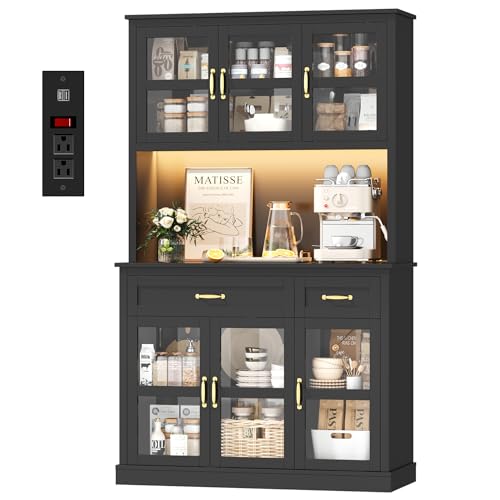 FINETONES 71\" Pantry Cabinet with LED Light and Charging Station, Kitchen Pantry Cabinet with Glass Doors and Microwave Stand, Kitchen Cabinets Hutch Cupboard with Doors and Shelves, Black
