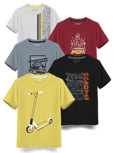 Image of HELLCAT Boys Round Neck Printed Blended Cotton Tshirt -Combo Pack of 2 - Orange /Blue