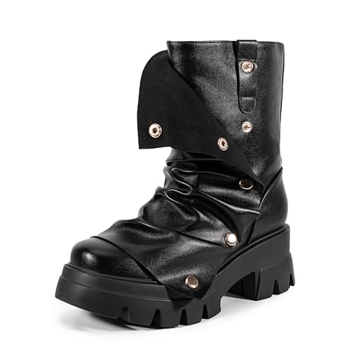 Atuelang Women's Slouchy Fold Over Boots Platform Wide Calf Shark Boots Pull On Fashion Short Booties3