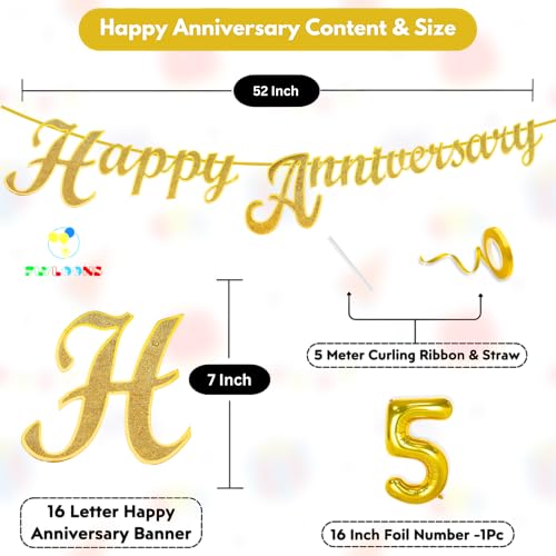 Image of Flyloons 5th Happy Anniversary Banner Gold Decorations Kit for Men Women Wedding Anniversary Banner Items without Balloons