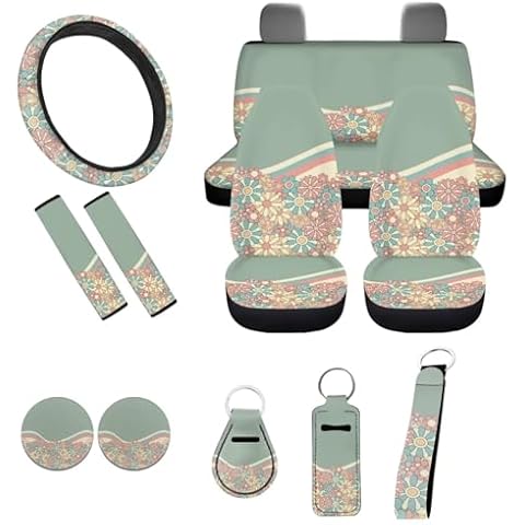 PZZ BEACH Cartoon Flower Wavy Car Seat Cover Set for Women Universal Steering Wheel Cushion Seatbelt Protector Cup Holder Coasters Keychain for SUV Trucks Cover
