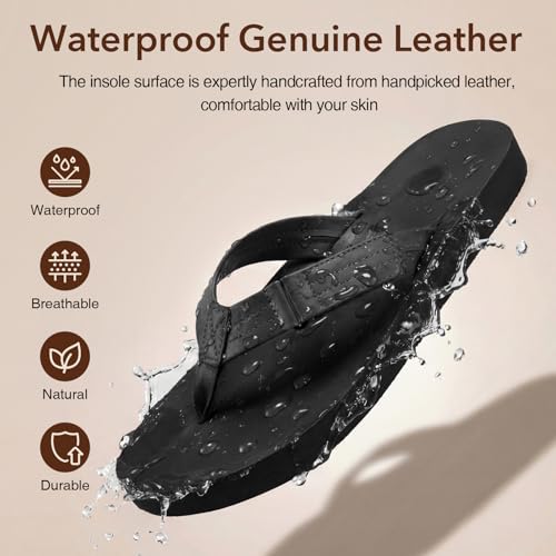 ZURIN Genuine Leather Flip Flops for Men Beach Sandals with Arch Support, Comfortable Summer Beach Thong Sandals Slip On Slippers Soft Cushion Footbed Outdoor Black — view 6