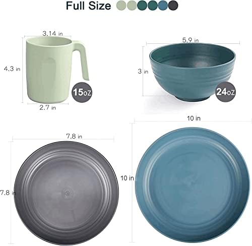 Greentainer Unbreakable Plastic Dinnerware Set, Lightweight Camping Tableware with 6 Dinning Plates, 6 Dessert Plates, 6 Bowls, 6 Cups for Kids & Adults, Service for 6, Microwave&Dishwasher Safe