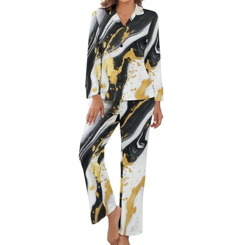 Pyjama femme chic ensemble 2 pièces à manches longues et pantalon grande taille motif marbre 3D