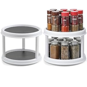 2 Pack, 2 Tier 10″ Turntable Lazy Susan Spice Organizer – Rotating Seasoning Rack Spinner for Pantry Cabinet Kitchen Countertop, Table Top Organizing – Multiuse Two Tier Rotating Organization Rack