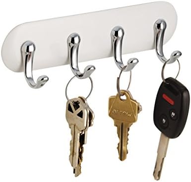 mDesign Wall Key Holder - 4 Key Hooks for Kitchen, Hallways and Entryways - Wall Mounted Key Rack - White
