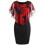 Amiley Summer Fashion Elegant Womens Casual Plus Size Rose Print Chiffon O-Neck Ruffles Mini Dress (Red, 2XL)