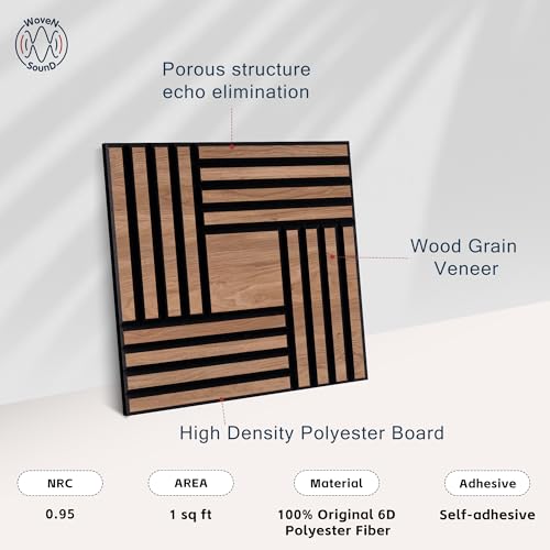 Image of WoveN SounD Acoustic Wall Panels, Teak, 16 Pack, 12x12 in | Self-Adhesive, NRC 0.95, Carved Pattern, Sound Proof, Echo Reduction, Sound Dampening, Home Studio, Office, Gaming Room