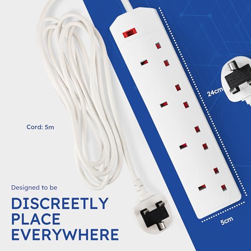 DESIRETECH White Electric Extension Lead 4 Gang 5 Metre | 5m Long Cable | UK Plug 3 Pin Socket Outlet | Wall Mountable | Multi Socket Mains Strip For Home, Bedroom, Kitchen and Office (1 Pack)