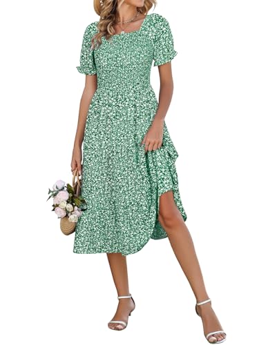 Younrui Easter Dresses for Women 2026 Spring Floral Midi Sundresses Ruffle Short Sleeves Square Neck Modest Dress(M-1077-GN Floral)