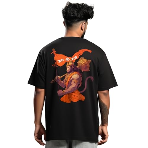 Image of prabhu bhakti Men's Oversized Jai Shri Ram Hanuman Ji Printed Black T-Shirt | Back Print Drop Shoulder Pure Cotton Oversized Tshirt for Men
