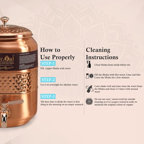 Image of Premium Copper Water Matka, Traditional Hammered Design, Rose Gold, with Tap and Lid, for Drinking Water Storage