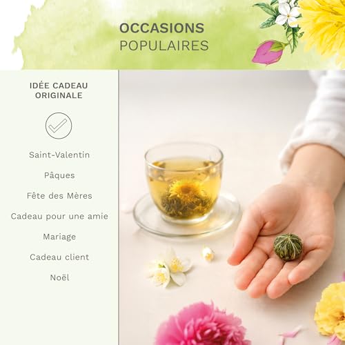 Creano „Fleurs de Thé“ Verts 6 pcs – Théière en Verre 500ml sans goutte – 6 variétés de thé vert aromatisé – Idée cadeau femme – vue 5