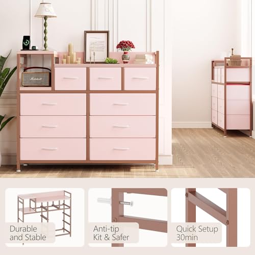 GarveeHome 9-Drawer Storage Bedroom Dresser TV Stand | Multi-Functional with Built-in Charging Station, Tall Dresser for Closet Organization, Kids Room & Apartments, Pink