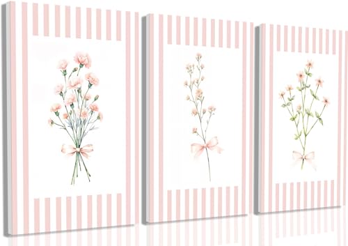 Trendy Pink Floral Wall Art Set of 3, Preppy Canvas