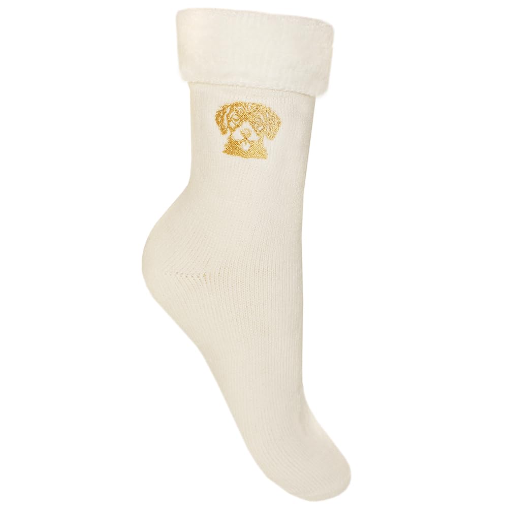 TeddyT's Cockapoo Embroidered Thermal Socks, Cream, UK Size 4-7, Fleece Lined