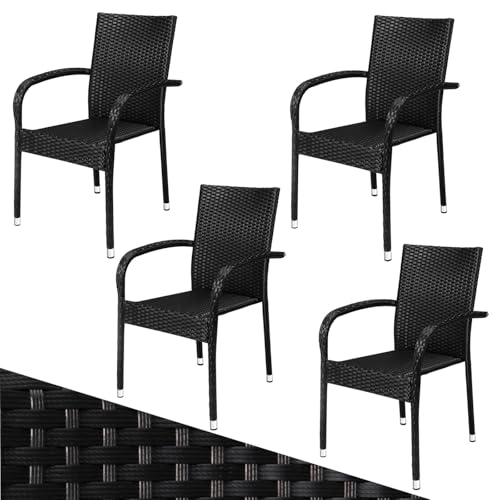 CASARIA® 4 Piece Polyrattan Stacking Garden Chair Set | Stackable Weatherproof Outdoor Chairs with Armrest | 160kg Capacity | Camping Patio Balcony Deck Seating | Black