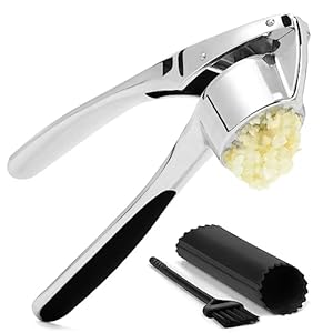 Garlic Press with Silicone Peeler & Brush – Premium Garlic Mincer Tool – Easy to Use & Clean – Durable Garlic Crusher – Rustproof Garlic Smasher – Dishwasher Safe – Press Garlic with Ease