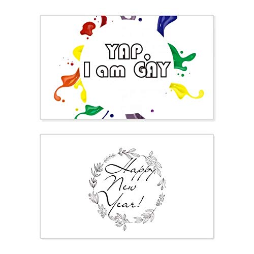 Tarjeta LGBT de Año Nuevo con bandera del orgullo Yap I Am Gay para felicitación navideña