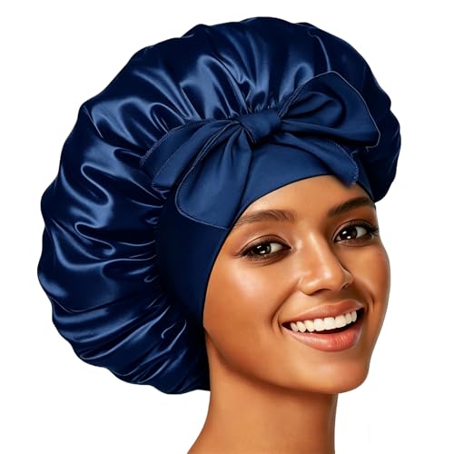 Confvrter Silk Bonnet Satin Bonnet for Sleeping Large Bonnets with Tie Band Hair Wrap with Adjustable Straps Hair Cap for Women Curly Black