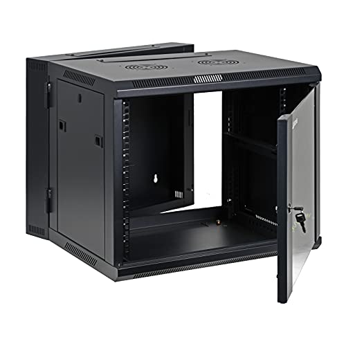Black Friday - 60% OFF AEONS 9U Professional Wall Mount Server Cabinet Enclosure Double Section Hinged Swing Out 19-Inch Server Network Rack with Locking Glass Door Black (Fully Assembled)