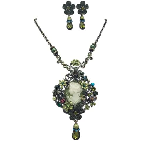 Rosemarie & Jubalee Women's Stunning Burnished Gold Tone And Green Victorian Style Cameo With Crystal Adorned Ornate Metal Flower Frame Necklace And Earrings Gift Set, 20"+3.5" Extender Cover