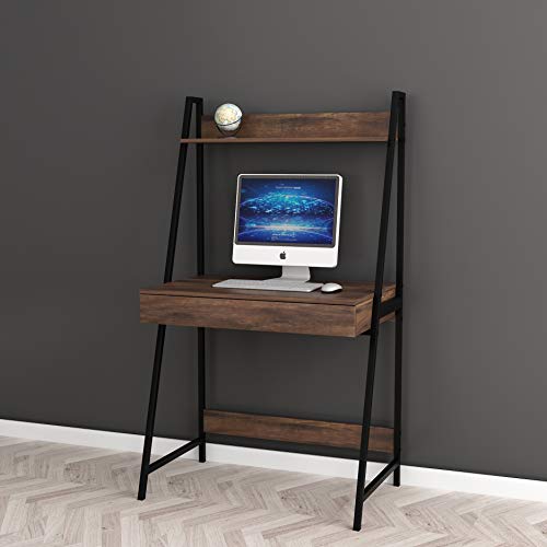 2-Tier Home Office Computer Laptop Desk with Drawer, Nutmeg Brown Finish Black Frame
